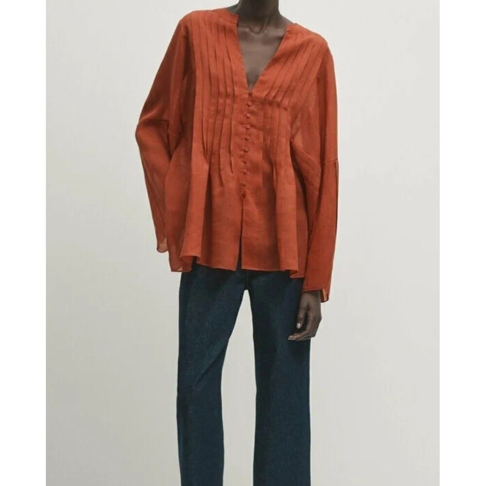Massimo Dutti Pleated Ramie and Lyocell Tunic in Rust Orange Relaxed Fit Size S